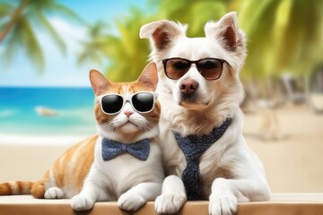 cat and dog wearing shirt and sunglasses on the beach