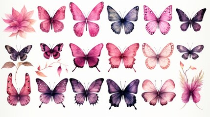 DIFFERENT SPECIES OF BUTTERFLIES ON WHITE BACKGROUND. COLLECTION OF ELEGANT EXOTIC BUTTERFLIES.