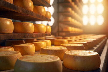 Close-up in cheese factory, cheese production, illustration. Generative AI. Cheese storage, dairy, food and meal, image - obrazy, fototapety, plakaty