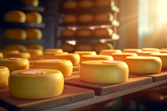 hundreds of different varieties of parmigiano reggiano in the biggest  parmesan cheese storage kinds of cheese ripening. picture of a cheese  factory in Switzerland. Generative AI Stock Illustration