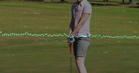 Animation of multiple graphs, changing numbers, caucasian female golf player hitting ball in hole - Powered by Adobe