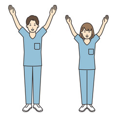 万歳をする看護師の女性と男性のイラスト