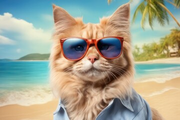 cat wearing shirt and sunglasses on the beach