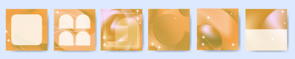 Set of Orange Holographic Background Designs with white geometric shapes for copy space. Graphic Templates for Social media posts, cards, posters, banners. Editable Vector Illustration. EPS 10
