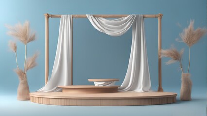 3D render podium featuring a luxurious feminine mockup, set against a blue background with a wooden frame pedestal and an elegantly draped silk cloth curtain, all enhanced by a natural wind effect