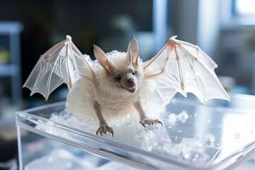 Bat close-up in the laboratory on the table in China.