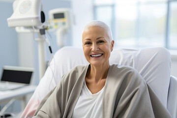 Bald mature woman smiling in cancer hospital bed.