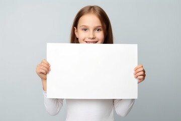 Fototapeta premium Happy Scholl girl holding blank white banner sign, isolated studio portrait.
