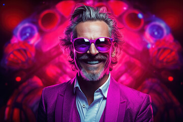 man smiling with glasses and purple backgrounds, in the style of neo.