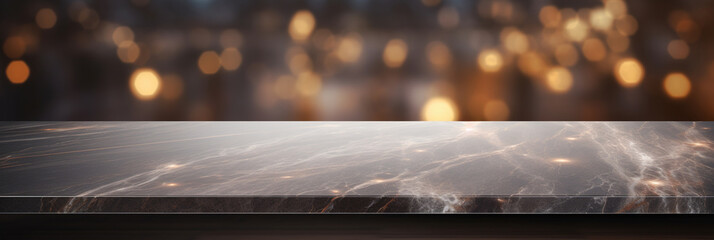 Modern empty dark marble table top or kitchen island on blurry bokeh kitchen room interior background. for montage product display.
