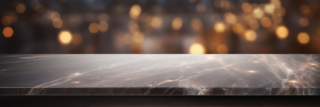 Modern empty dark marble table top or kitchen island on blurry bokeh kitchen room interior background. for montage product display.