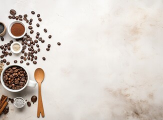 The backdrop showcases a variety of coffee elements, including an assortment of coffee beans, ground coffee, instant coffee, coffee pads, and capsules.