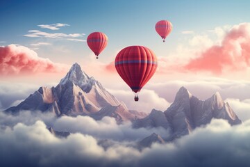 A hot air balloon is flying over foggy and cloudy mountains high in air. Generative Ai.