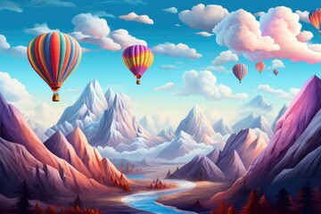 A hot air balloon is flying over foggy and cloudy mountains high in air Generative Ai