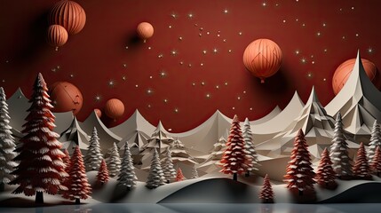 Fantasy winter landscape with snow covered trees and red hot air balloons