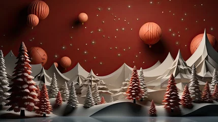 Foto op Plexiglas Fantasy winter landscape with snow covered trees and red hot air balloons © korkut82