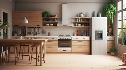 Fototapeta na wymiar Rustic style kitchen interior design, colored furniture with wood elements, warm background. AI generated.