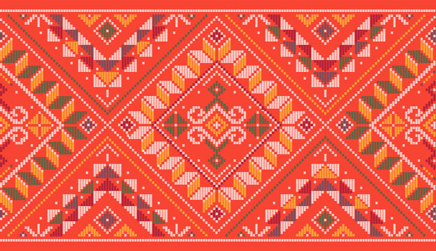 Yakan weaving inspired vector seamless pattern long horizontal oriented - Filipino folk art background perfect for textile or fabric print design
