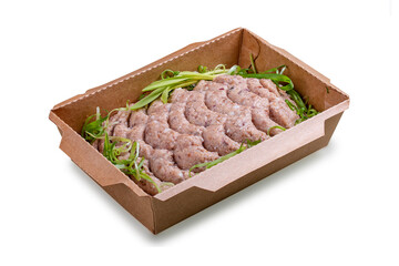 Forshmak of herring packaged for takeaway. Takeaway food. Isolated on a white background.