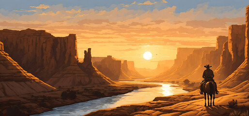 Naklejka premium Illustration of a cowboy riding a horse in the desert at sunset