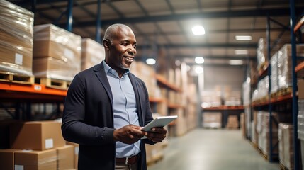 Obraz premium Warehouse accounting concept. Middle-aged African American man stands in a warehouse with a papers and checks the statements for the presence of goods.
