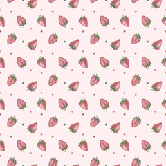 Seamless pattern with pink strawberries on a pink background with watercolor colored spots. Watercolor illustration. Suitable for packaging design, household and kitchen items, postcards, textiles