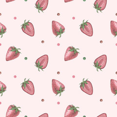 Seamless pattern with pink strawberries on a pink background with watercolor colored spots. Watercolor illustration. Suitable for packaging design, household and kitchen items, postcards, textiles