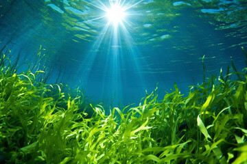 Fototapeta na wymiar Seaweed and seaweed shining in the clear blue sea where the sunlight shines. Environmental concept suitable for nature and undersea.
