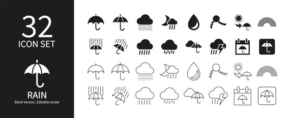 Icon set related to rain and umbrellas