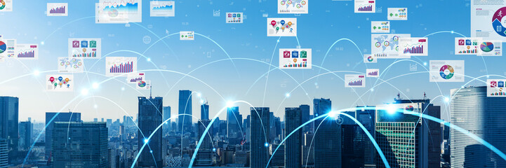 Modern city panorama and digital documents concept. Wide angle visual for banners or advertisements.