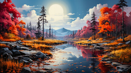 autumn forest in the mountains with lake and reflection, illustration background