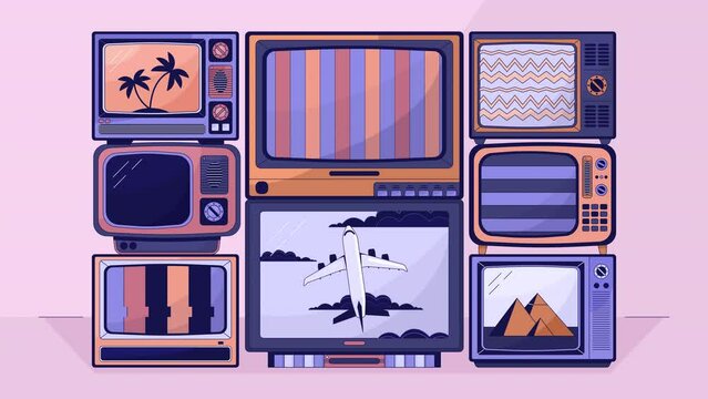 Vintage tv stack lo fi animated cartoon background. Old television set with static screens 90s retro lofi aesthetic live wallpaper animation. Retro tv pile color chill scene 4K video motion graphic