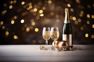 Champagne or sparkling wine in a festive atmosphere. Merry christmas and happy new year concept