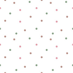A delicate seamless pattern of watercolor colored spots of pink, green and brown, made in watercolor. Watercolor illustration highlighted on a white background. Suitable for textiles, packaging