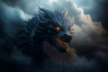 Fantasy dragon in the clouds. Fierce dinosaur in the smoke. Head of a Fantasy Evil dragon with glowing eyes. Mythical creature in the fog. Fearsome. Ancient Fairy tale beast. Monster. 3D Illustration - obrazy, fototapety, plakaty