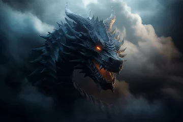 Fotobehang Fantasy dragon in the clouds. Fierce dinosaur in the smoke. Head of a Fantasy Evil dragon with glowing eyes. Mythical creature in the fog. Fearsome. Ancient Fairy tale beast. Monster. 3D Illustration © Zakhariya