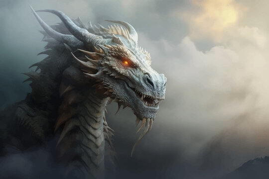 Fantasy white dragon in the clouds. Fierce dinosaur in the smoke. Head of a Fantasy Evil dragon with glowing eyes. Mythical creature in the fog. Fearsome. Ancient Fairy tale beast. Monster