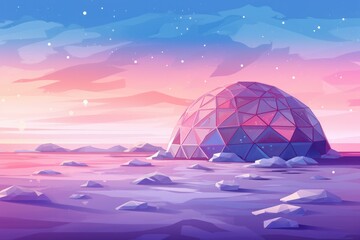 Igloo ice hotel on a snowy plain with sunset during magic winter night. Generative Ai.