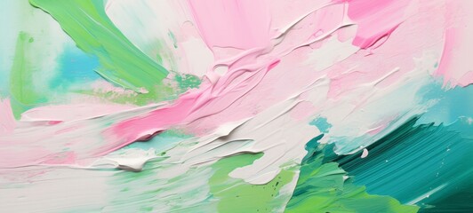 Closeup of abstract rough colorful green pink white colors art painting texture background wallpaper, with oil or acrylic brushstroke waves, pallet knife paint on canvas