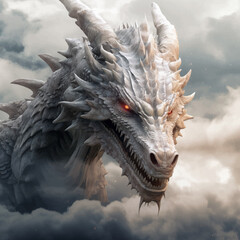 Fantasy white dragon in the clouds. Fierce dinosaur in the smoke. Head of a Fantasy Evil dragon with glowing eyes. Mythical creature in the fog. Fearsome. Ancient Fairy tale beast. Monster