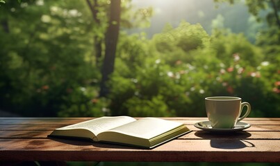 Naklejka na ściany i meble outdoor table coffee and book nature background forest generative ai