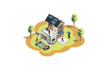Isometric illustration of charging an electric car battery at home using solar panels, Suitable for Diagrams, Infographics And Other Graphic Related Assets