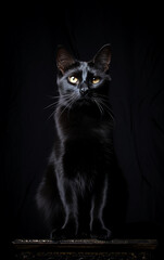 Black cat with yellow eyes on a black background. 