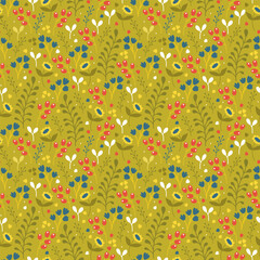 Seamless pattern with flowers and berries in flat style in red and green, blue shades. seamless vector with botanical pattern for textile or objects.