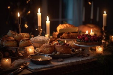 A cozy scene of a decorated dining table with delicious holiday food and candles, ready for a Christmas feast. Generative AI.