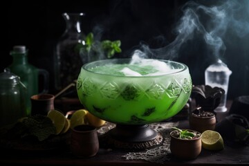 Halloween coctail. Cauldron-shaped punch bowl, made from lime sherbet and lemon-lime soda. The background with spooky props and misty dry ice effects. Generative AI.