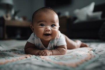 A laughing smiling newborn enjoying tummy time, pushing up with arms, demonstrating developing upper body strength. The background is a soft, textured blanket, motor skill development. Generative AI