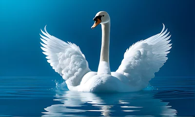 Keuken spatwand met foto White swan in the water with open wings on blue background. © Creative mind