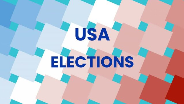Animation of usa elections text over colourful square shapes
