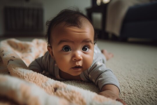 A Mixed-race infant rolling over from their back to their tummy for the first time. The background is a soft, textured blanket, capturing the excitement and milestone achievement. Generative AI